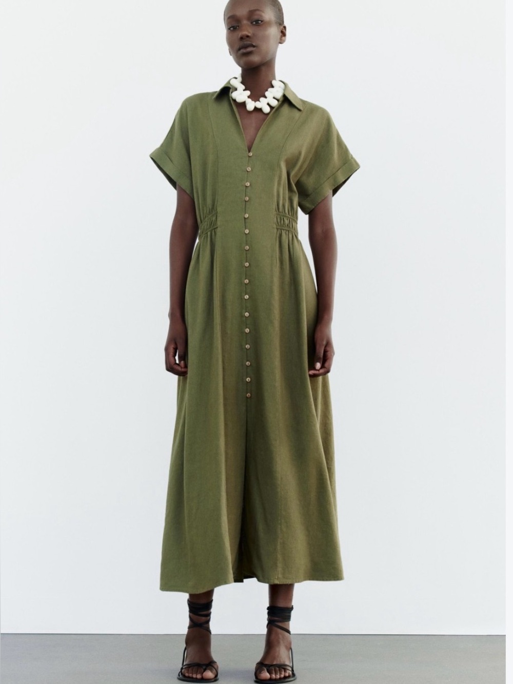 Zara Linen Blend Shirt Dress Olive Button-Front Collared Midi Dress Dz Medium